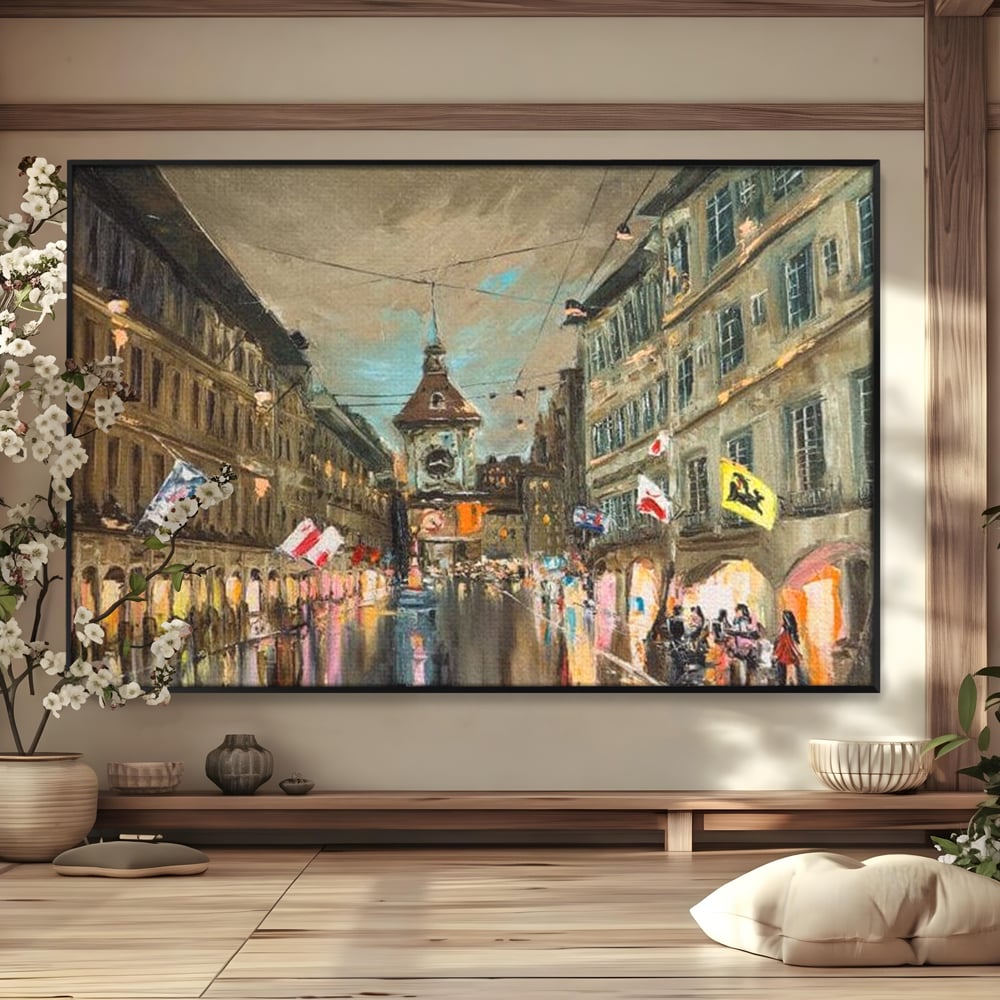 Tablou canvas cu pictura stradala cu turn ceas in ploaie, in rama de aluminiu negru